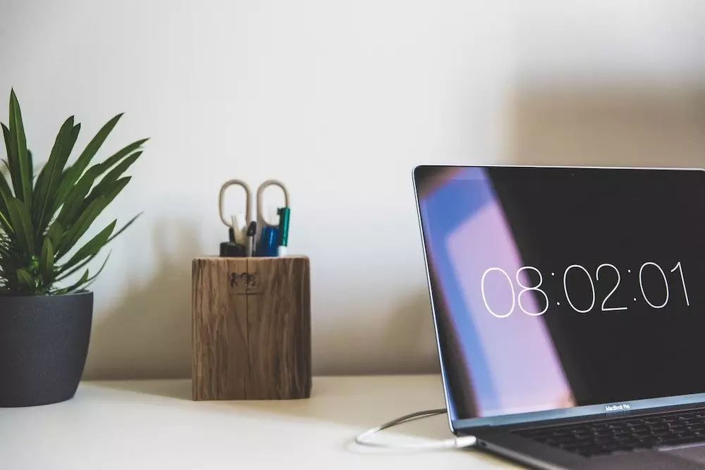 A tidy desk with computer and pot plant